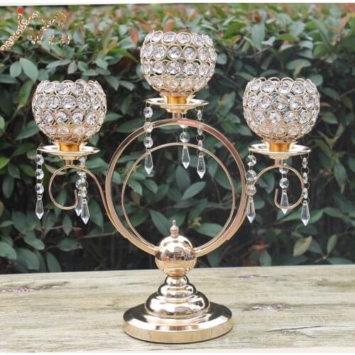 IMUWEN New arrival 43cm height 3-arms metal candelabras with crystal pendants, shiny golden finish wedding candle holder