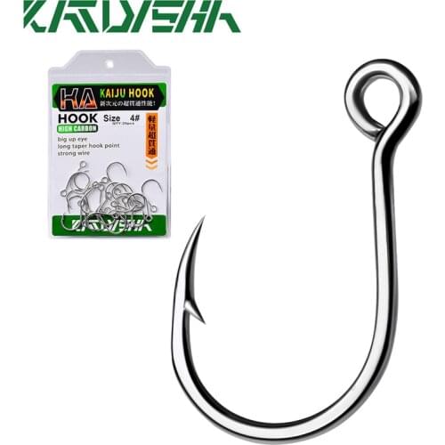 KATYUSHA 20pcs Big Eye Single Hooks 6-4-2-1-1/0-2/0-3/0 High Carbon Steel Fishing Hooks Barbed Sharp Fishhooks for Lure Pesca