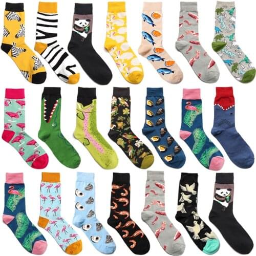 Men Socks Cartoon Flamingo Panda Crocodile Zebra Stripes Colorful Happy Funny Korea Harajuku Hip Hop Skate Street Cotton Socks