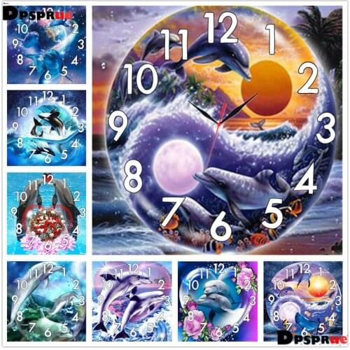 Dpsprue Full Diamond Painting Cross Stitch With Clock Mechanism Mosaic 5D Diy Square Round Animal Dolphin 3d Embroidery Gift