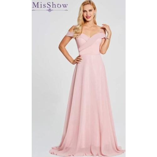 Off Shoulder Backless Cheap Floor Length Chiffon Blush Pink Bridesmaid Dresses 2018 A-Line Formal Party Prom Dresses