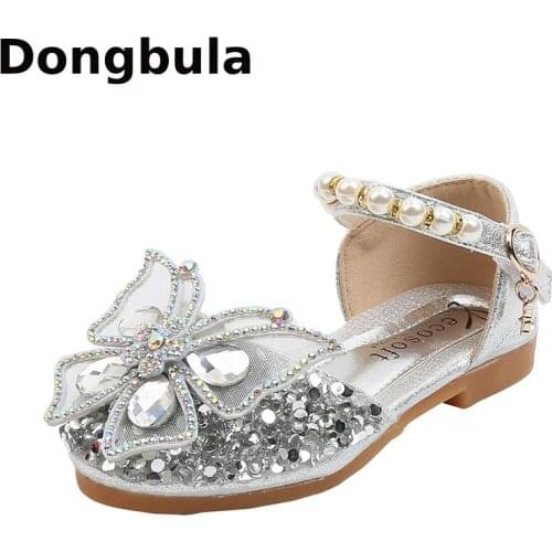 2020 New Summer Girls Sandals For Princess Leather Shoes Girls Flat Heel Party Wedding Shoes Sequins Butterfly Pearl Kids Shoes