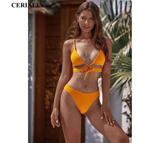 Solid Sexy Bikini Swimsuit Two Piece Women Swimming Suit Low Waist Lace Up Swimwear Hot Sale Good Quality Beachwear Bikinis New