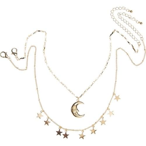 GOLD PLATED TWO LAYERS STARS AND MOON CHARM NECKLACE