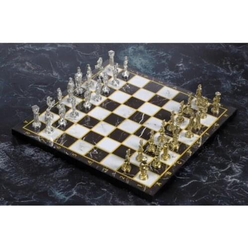 Esosbz2 Luxury Metal Chess set Chrome Plated Ottoman Etc. Byzantine & Black Marble Pattern Board