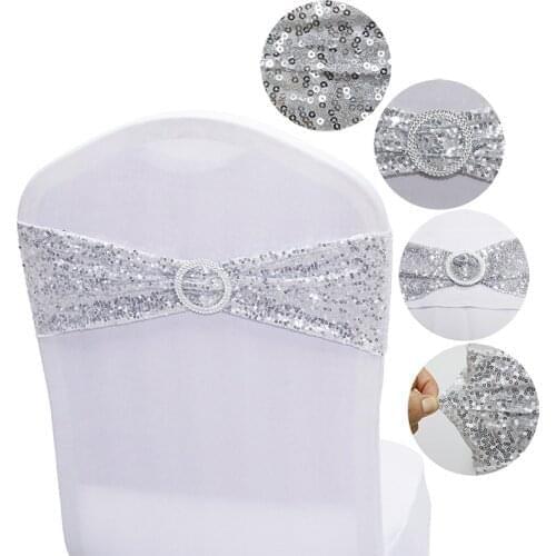 Rose Gold Silver Spandex Sequin Wedding Chair Bow Sashes Lycra Stretch Chair Band Ribbon Ties Hotel Event Party Decoration