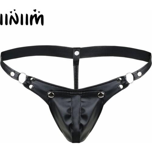 Iiniim Sexy Mens Faux Leather Buckled Bulge Pouch Briefs G-string Jockstrap Gay Underwear Gay Male Underwear Lingerie Panties