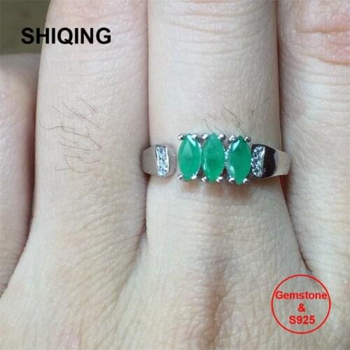 SHIQING Genuine precious gemstone 3pcs 3*6mm luxury emerald silver rings
