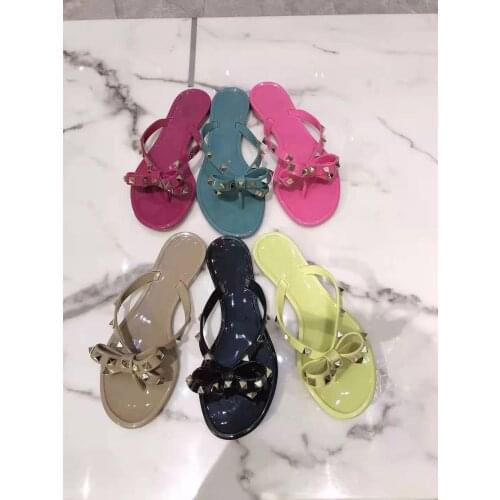 Fashion 2021 Summer Flip Flops Woman Rivets Sandals Bow knot Flat Slippers Girls Studded Cool Beach Slides Jelly Shoes 35-41