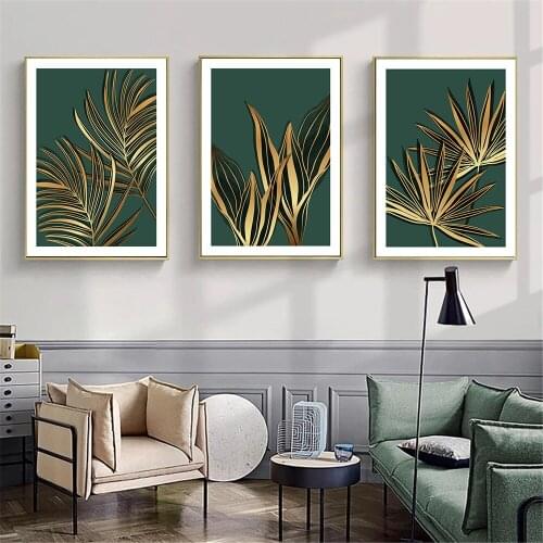 Nordic Green Golden Palm Leaf Plant Canvas Painting Print Botanical Wall Art Poster Scandinavian Picture Living Room Home Decor