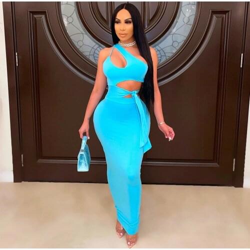 Inclined Shoulder Sexy Long Party Dress Women Sleeveless Waist Band Cut Out Bandage Dress Elegant Black Blue Bodycon Robe Femme