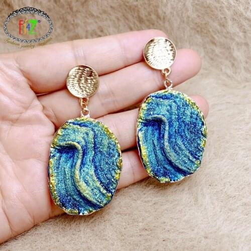F.J4Z Vintage Womens Designer Earrings Fake Changeable Blue Resin Drop Earrings for Party Ladies Jewelry Gifts Dropship