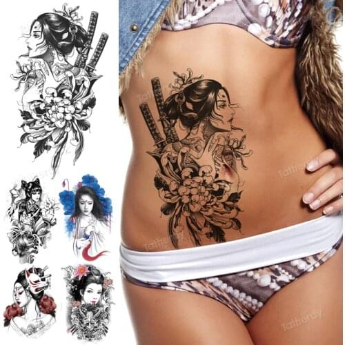 Temporary Tattoo Devil Mask Japanese Geisha Gril Body Art Water Transfer Fake Tatoo Flash Breast Waist Tatto Sticker Men Women