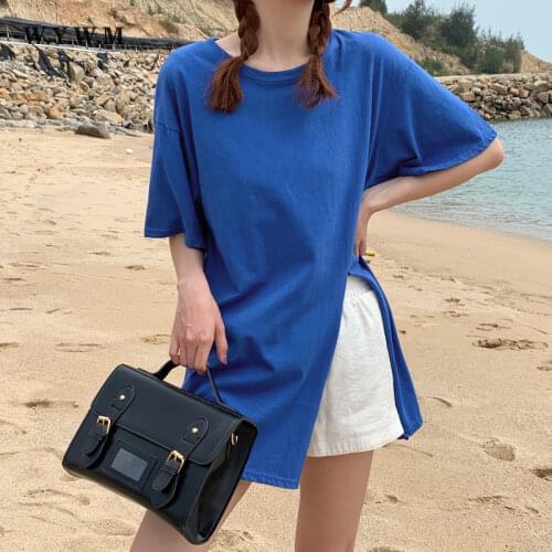 WYWM Summer New Mid-length Loose Women T-shirt Short Sleeves Split Design Female Tee Casual Korean Chic Age Pullover Women Tops