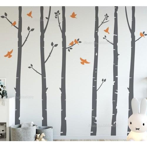 Six Tall Birch Trees Birds Colorful Wall Decals Woodland Art Wall Decoration Nursery Wall Stickers Kids Bedroom Wallpaper LL2212
