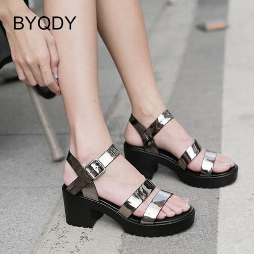 BYQDY New Arrival Bright Women Sandals Buckle 6.5cm Platform Chunky Heel Streey Style Summer Shoes Girls INS Hot Sale Gold Belt