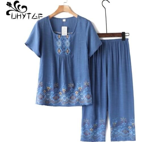 UHYTGF Women Pajamas Short-Sleeved Cotton Linen Casual Thin Summer Sleepwear Two-Piece Set Female Loose Plus Size Home Wear 2034