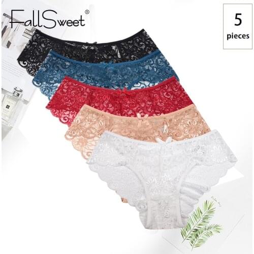 FallSweet 5 pcs/pack ! Ultra Thin Lace Panties Mid Rise Soft Women Brief Hollow Transparent Underwear
