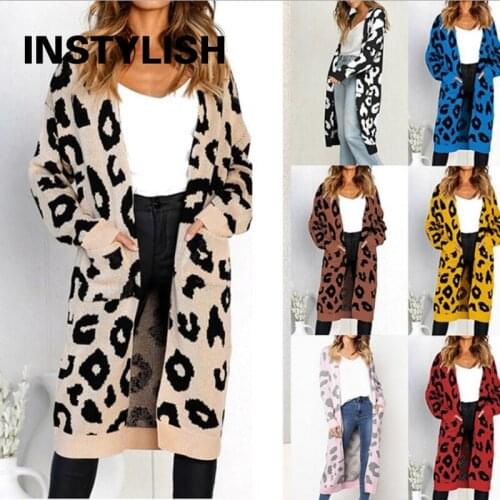 Instylish Women Vintage Leopard Print Cardigan Autumn Winter Elegant Sweater Coat Long Knitted Jacket Casual Harajuku Cardigan