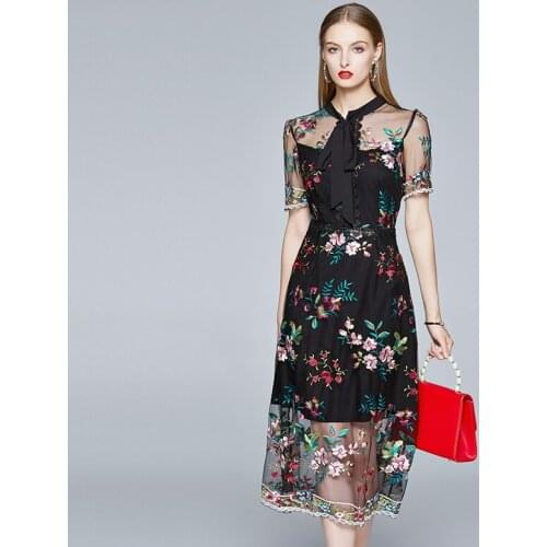 2020 New Summer Dresses For Womens Empire O-Neck Mid-Calf Short Elegant Dresses Floral A-Line Office Lady Mesh Vintage Dresses