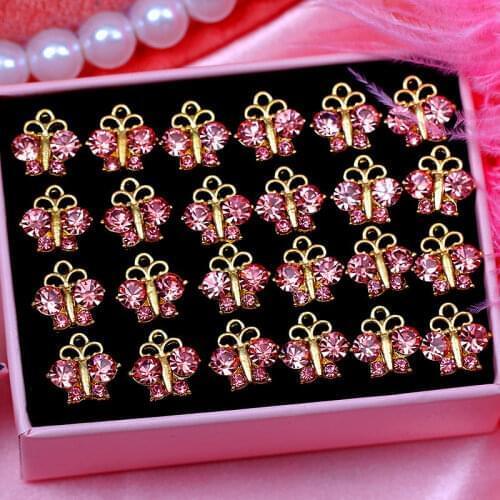 10Pcs/set Red Crystal Butterfly Shape Charms Sweet Cute Small Pendants DIY Vintage for Jewelry Making Bracelets Craft Metal