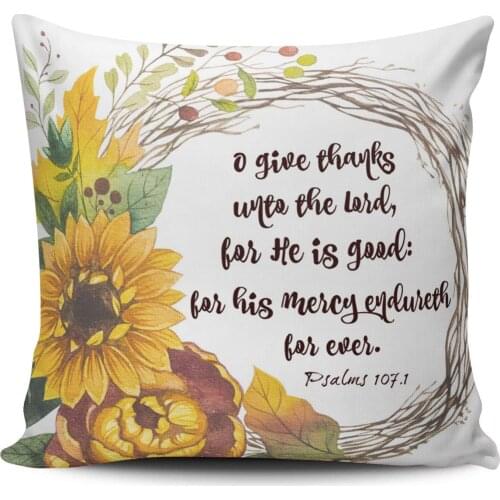 Throw Pillow Cases Sofa Cushion Cover Home Decoration Colorful Sunflower Wreath with Give Thanks Bible Verse Square Custom