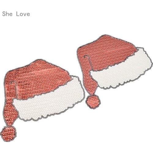 Chzimade 2pcs Christmas Hat Sequins Embroidery Patches Coat Jacket Jeans Decoration Motifs Applique Sew On