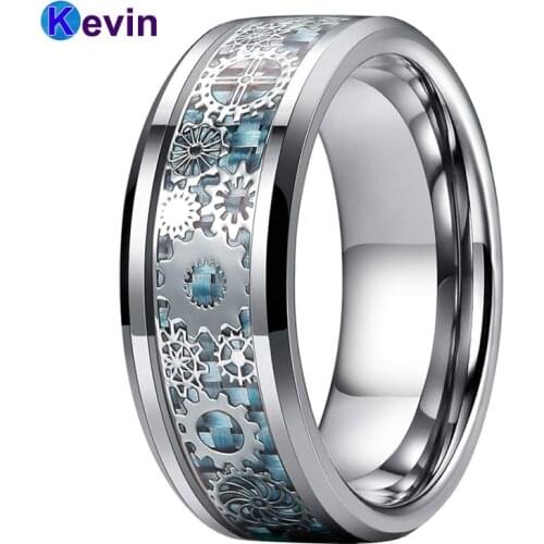 Men Women Tungsten Wedding Ring 8MM With Mechanical Gear Wheel Light Blue Carbon Fiber Inlay Beveled Edges Comfort Fit