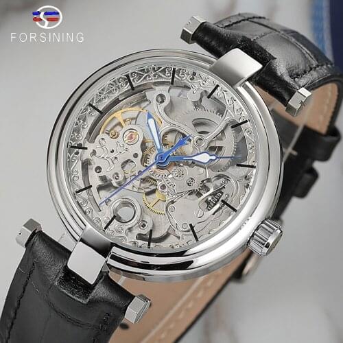 Forsining Fashion Silver Movement Skeleton Watches Blue Luminous Hands Leather Mens Mechanical Wristwatch Waterproof Male Clock