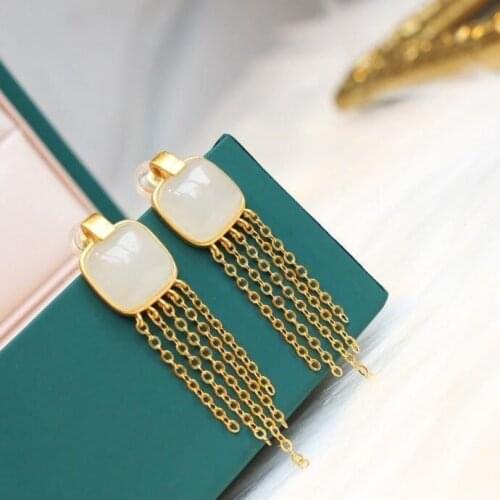Natural Hetian Jade White Jade Square Stud Earrings Inlaid S925 Sterling Silver Personalized Tassel Stud Earrings Stylish Minima