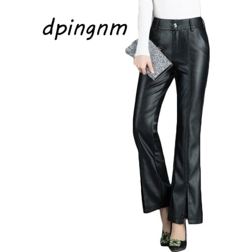 Leather pants 2018 new micro bell pants high waist pu leather Korean version of the split Slim flared pants womens slim autumn