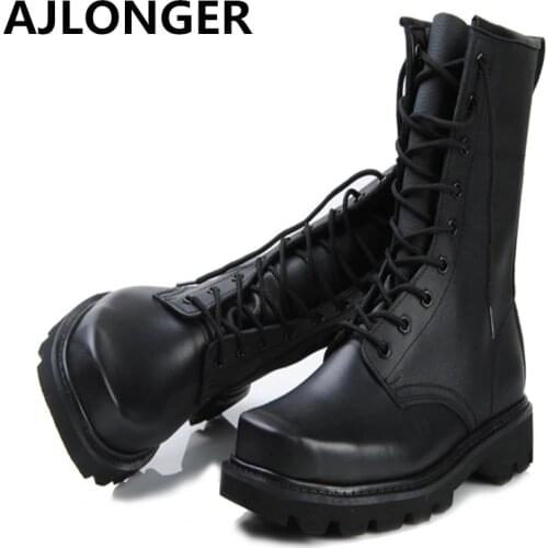 Male genuine leather boots plus size combat and steel head steel high tooling boots