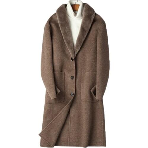 100% Wool Coat Autumn Winter Jacket Men Lamb Fur Collar Double-faced Woolen Coats Duck Down Liner Windbreaker MY1291