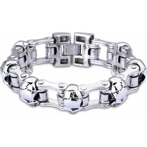 HAOLYNJOY 23cm Punk Skull Bracelets Men Stainless Steel 7 Skull Charms Link Chain Bracelet Biker Hip Hop Bike Chain Wrap Bangle