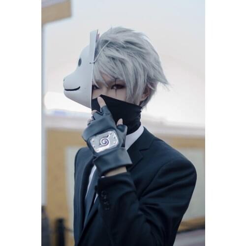 New Anime Konoha Hatake Kakashi Sharingan Cosplay Wigs Soaring Fluffy Silver Gray Hair Heat resistant synthesis Wig+Headband