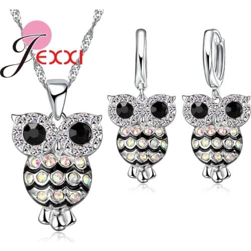 Charm Fashion Jewelry Set For Women 925 Sterling Silver Austrian Crystal Necklace Earrings Cute Owl Pendant Colorful Stone
