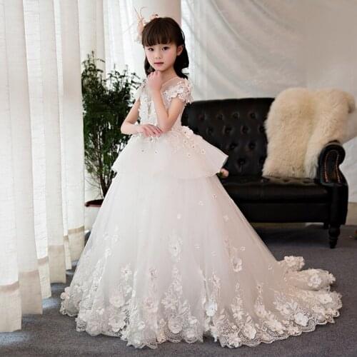 First Holy Communion Dress Long Trailing Flower Girl Dresses Wedding Floral Beading Party Gowns Layered Ball Gown Princess Dress