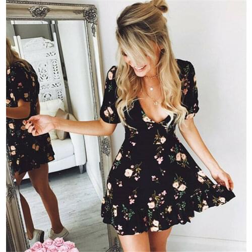 2019 Newest Sexy Womens Holiday Floral Dress V-neck Summer Chiffon Beach Printed Dress Sundress Mini Short Dress