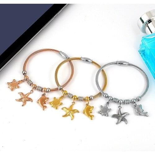 3mm New Stainless Steel Cute Tortoise Starfish Dolphin Pendant Bracelets Bangles Charm For Women Men Punk Jewelry Gift