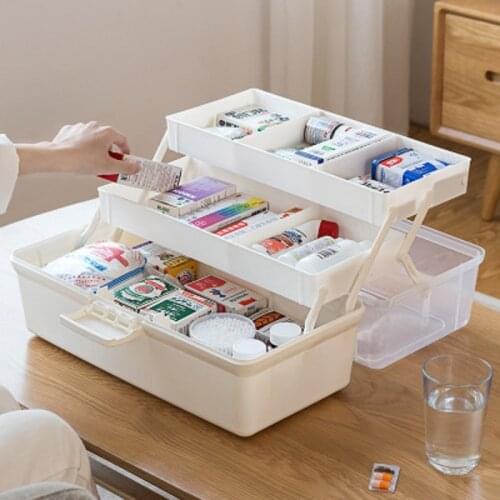 Portable First Aid Kit Storage Box Plastic Large Medicine Box Clear 3 Tiers Folding Family Emergency Sundries Organizer Cabinet