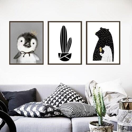 Simple Cartoon Black White Animal Canvas Painting Cute Penguin Polar Bear Posters Living Room Children Room Wall Decor Pictures