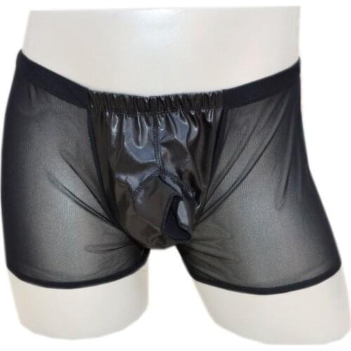 Sexy mens underwear Opening male faux leather sets panties gauze breathable transparent trunk boxer underwear