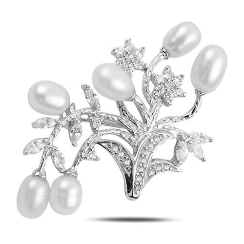 Silver 925 Sterling Pearl & Zircon Crystal Brooch