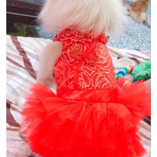 Small and Medium-sized Dog Net Red Skirt Pet Dog Clothes Big Red Cheongsam Cats and Dogs Thickened Tang Suit Dog Cheongsam