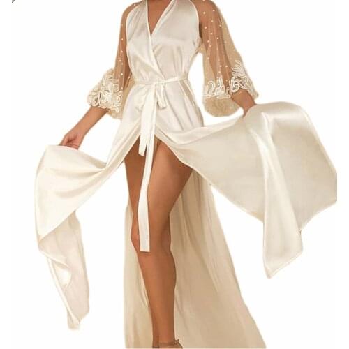 Chic Satin Silk Maternity Women Pajamas Bathrobe Ivory Lace Appliques Photo Shoot Dress Party Evening Nightdress