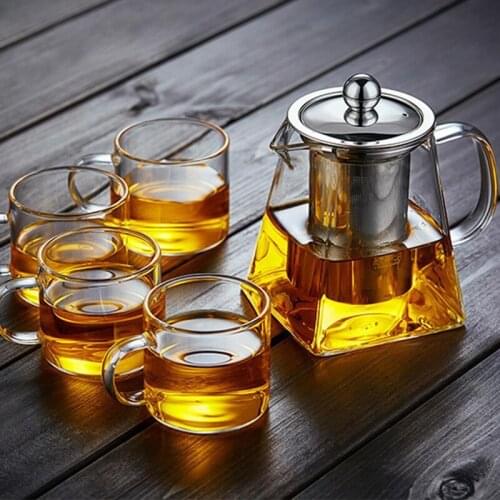 Heat Resistant Glass Stainless Steel Filter Tea Pot Square Flower Teapot High Temperature Resistant Glass Tea Set With Infuser