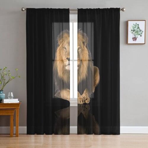 Wild Animal Lion Black Window Treatment Tulle Modern Sheer Curtains for Kitchen Living Room the Bedroom Curtains Decoration