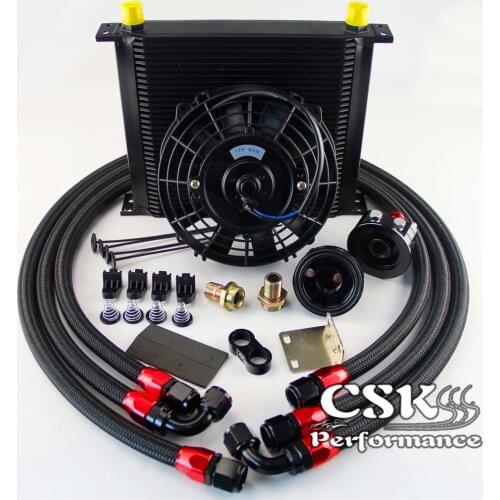 AN10 Universal 34 Row ENGINE FILTER RELOCATION Oil Cooler+7" Electric Fan Kit Black