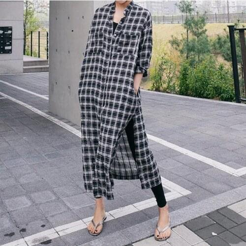 Johnature New Casual Plaid Loose Long Womens Tops And Blouses 2021 Summer V-neck Full Sleeve Cardigan Slits Female Shirts