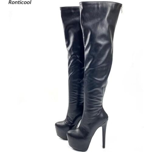 Ronticool Handwork Women Winter Platform Over The Knee Boots Back Zipper Stiletto Heels Round Toe Black Club Shoes US Size 5-20